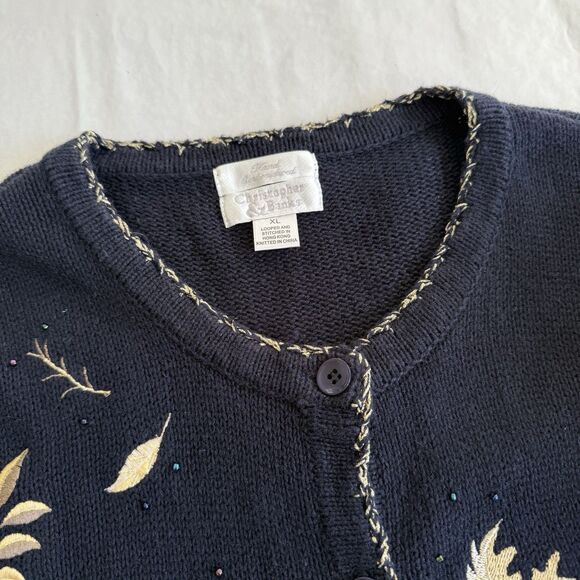 Y2K Christopher Banks Hand Embroidered Navy Gold Leaves Fall Cardigan Sweater XL - Picture 7 of 10